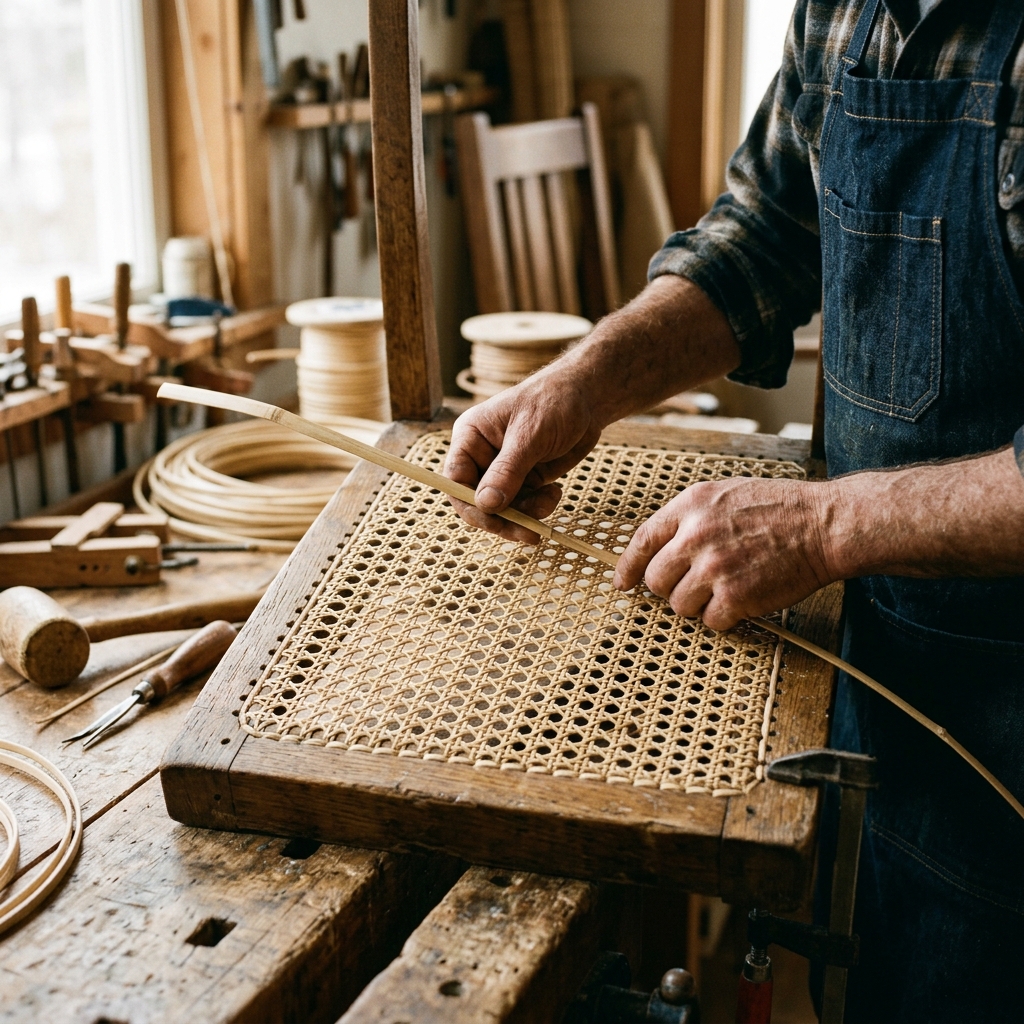 Recaning a chair seat with natural cane