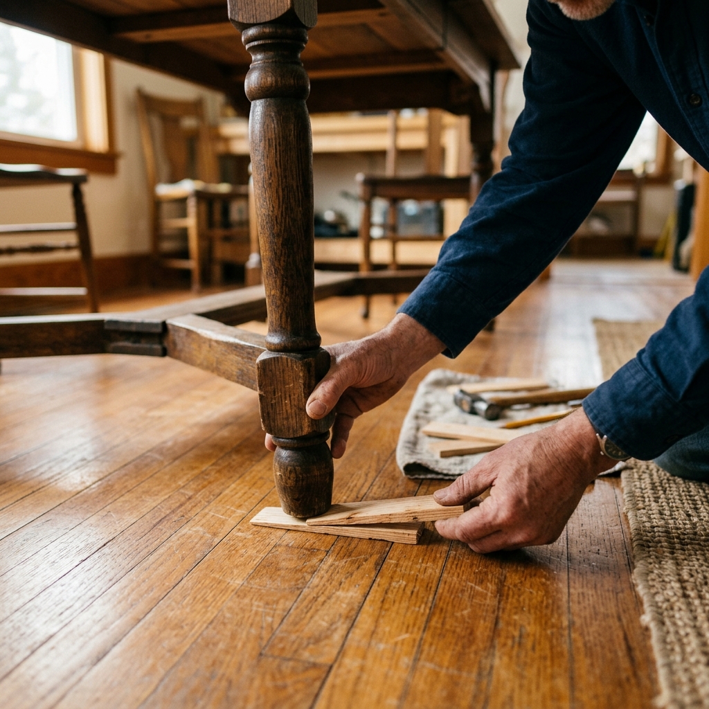 Stabilizing a wobbly table with shims